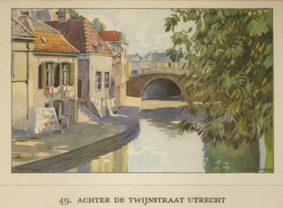 716477 Verzamelplaatje 49. 'Achter de Twijnstraat Utrecht', met een aquarel van Bernard van Vlijmen (1895-1977).